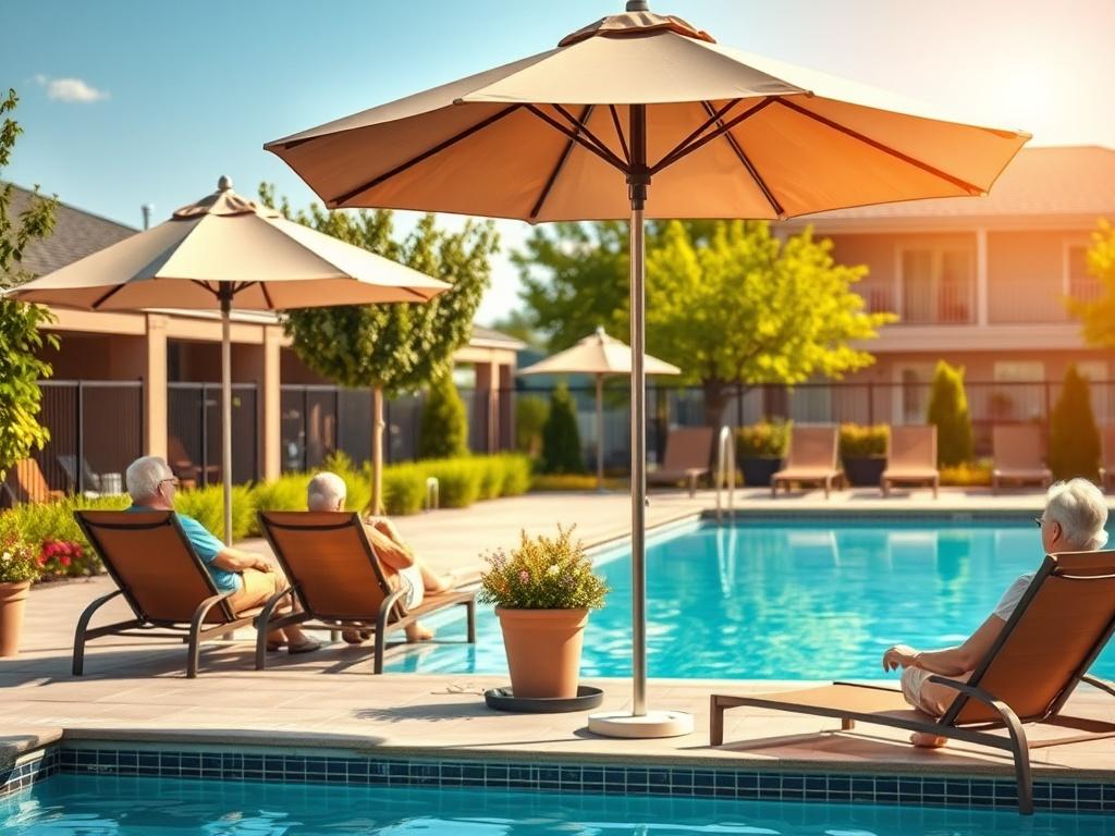 A close-up shot of the community pool area with residents relaxing and enjoying the sun. The scene should display inviting lounge chairs, umbrellas, and vibrant greenery, illustrating a convenient and enjoyable lifestyle.