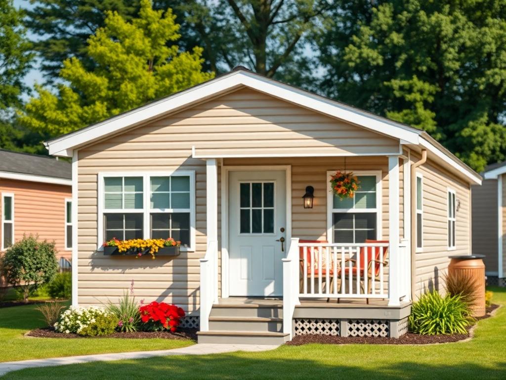 A close-up shot of a beautifully designed mobile home within a serene community, showcasing a welcoming front porch and lush greenery in the background. The image should reflect a sense of affordability and comfort with a warm, inviting atmosphere.