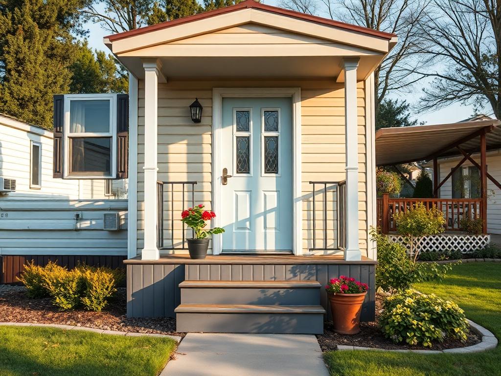 Create a highly detailed and realistic high-resolution photo of a mobile home in a serene residential setting, reflecting the topic "The Real Cost of Buying a Mobile Home from the Owner (And What to Watch For)." 

**Composition**: The composition should feature a close-up shot of a mobile home exterior, showcasing its inviting entrance and well-maintained surroundings. Ensure that the perspective focuses on the front door, emphasizing details like the door frame and steps leading up to it. The image should 