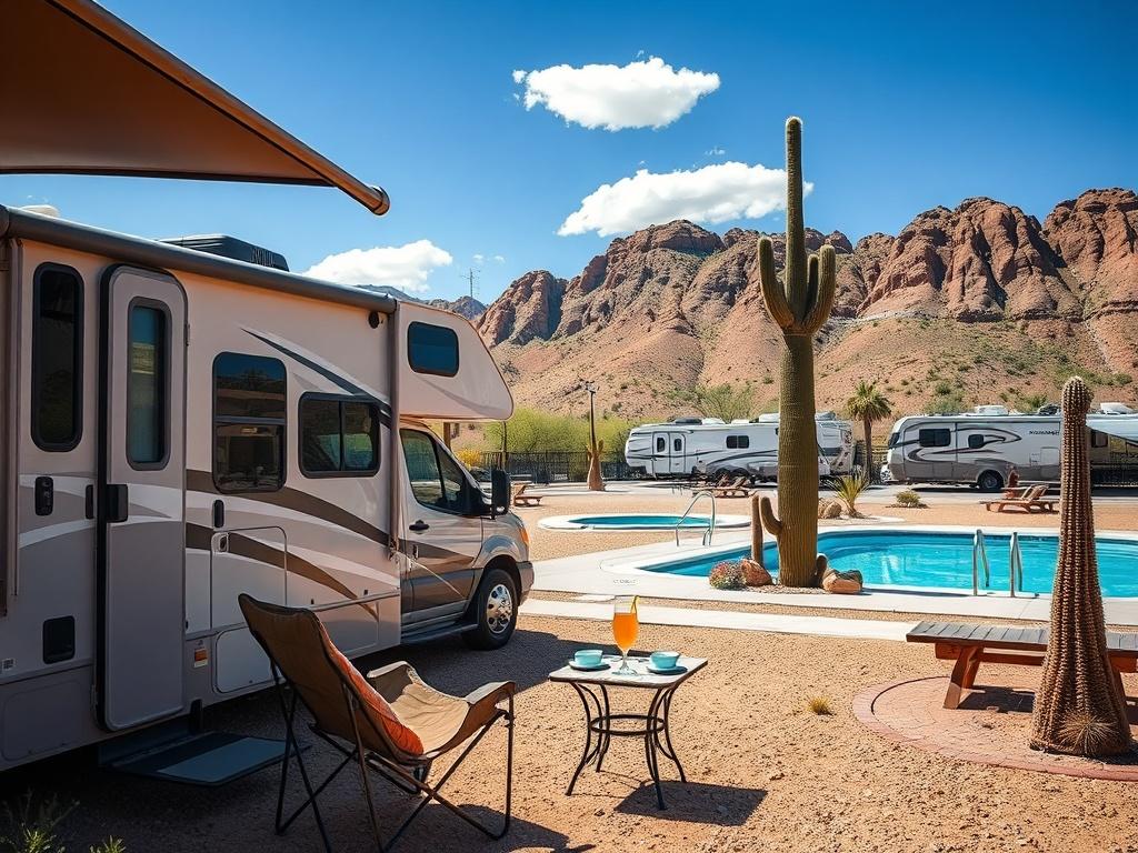 Create a hyper-realistic, high-resolution photograph that captures the essence of staying at an RV resort in Arizona. The single subject of the image should be a well-equipped RV parked at a picturesque site within the resort, showcasing a warm, inviting exterior. Set the scene with a clear blue Arizona sky, dotted with a few fluffy clouds in the background. 

The composition should highlight the RV in the foreground, surrounded by neatly arranged outdoor furniture, such as a cozy camping chair and a small 