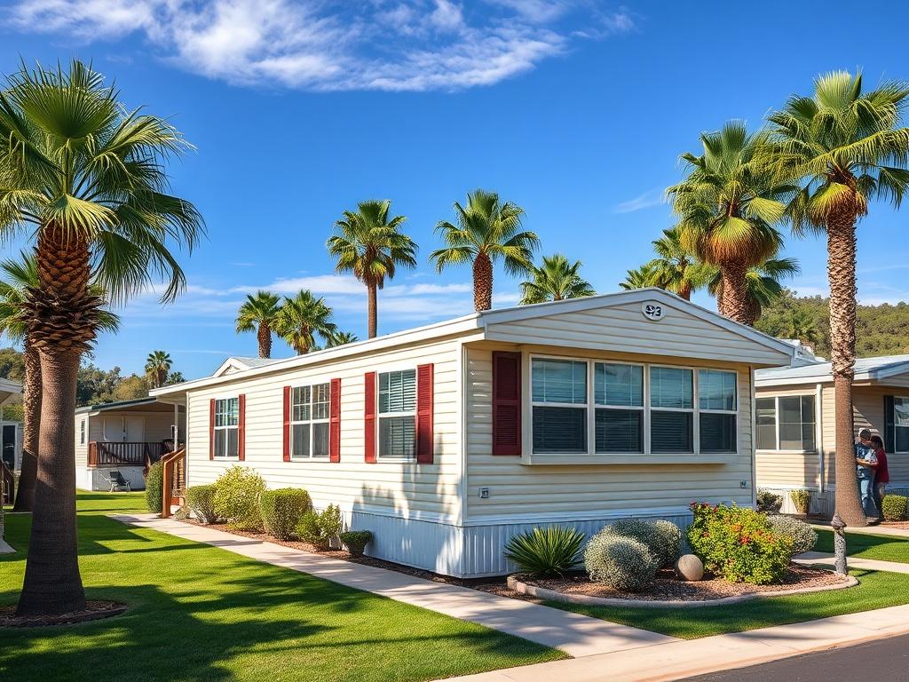 A well-maintained mobile home nestled in a lush green community with palm trees and a clear blue sky, showcasing the affordability and comfort of living in Superstition Buttes Mobile Home Community. The image features the mobile home prominently in the foreground, with friendly neighbors visible in the background, enjoying their surroundings.