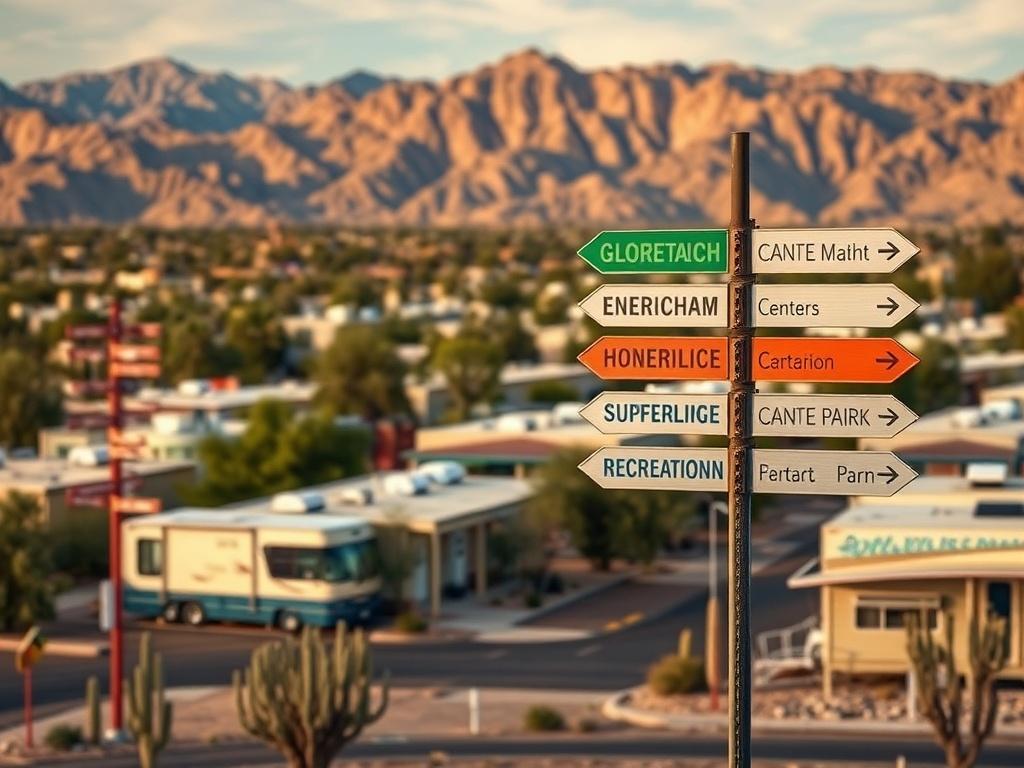 A scenic view of the surrounding area of Superstition Buttes Mobile Home Community, highlighting nearby shopping centers, parks, and recreational areas. The image showcases the convenience of the location with clear signage directing to various amenities, set against a backdrop of picturesque mountains.