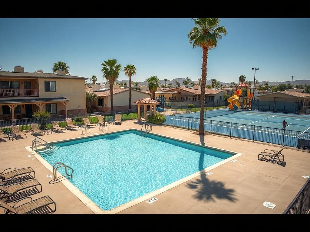 A vibrant image capturing the recreational amenities available at Superstition Buttes Mobile Home Community. The scene includes a sparkling swimming pool surrounded by lounge chairs and palm trees, inviting residents to relax and socialize. Nearby, a well-maintained tennis court and a playground can be seen, emphasizing family-friendly activities. The composition showcases the lively atmosphere of the community, highlighting the variety of options for leisure and recreation that enhance the residents' lifes