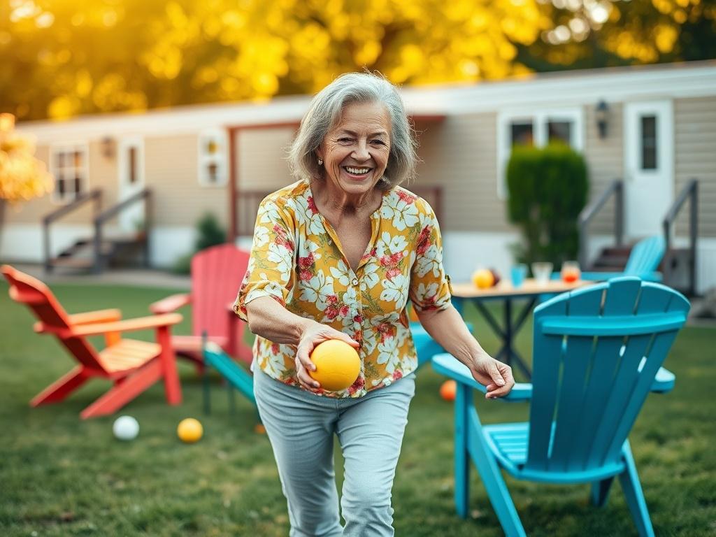 Create a realistic high-resolution photo featuring a lively senior woman, aged between 60 to 75, engaged in a joyful outdoor activity within a mobile home community. The subject should be wearing comfortable casual attire, like a bright floral blouse and light jeans, smiling as she participates in a fun, interactive game, such as bocce ball or a similar lawn game. 

Compose the image to have the woman as the sole focal point, showing her surrounded by elements that suggest a sense of community and social en