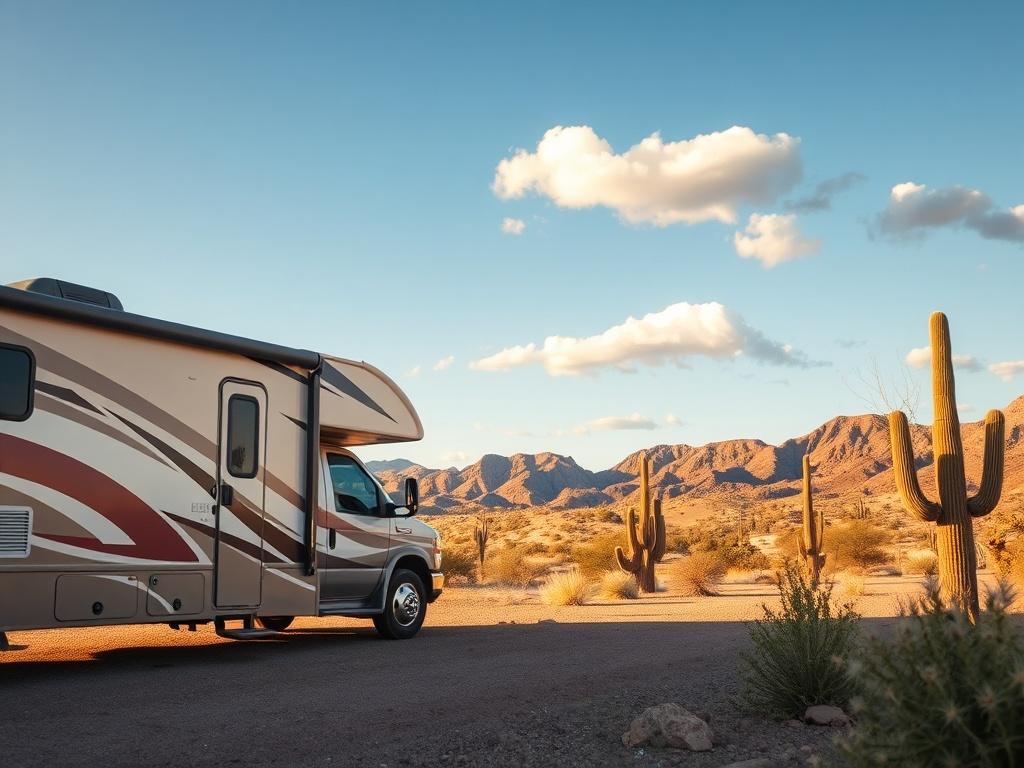 Create a realistic high-resolution photo capturing the essence of full-time RV life near Phoenix. The composition should feature a single, well-maintained RV parked in a scenic RV park setting. The subject should be an RV with a modern design, showcasing vibrant colors that contrast strikingly against the desert landscape. 

Position the RV slightly to the left of the frame to create a balanced composition, allowing space on the right to include elements of the surrounding environment. In the background, de