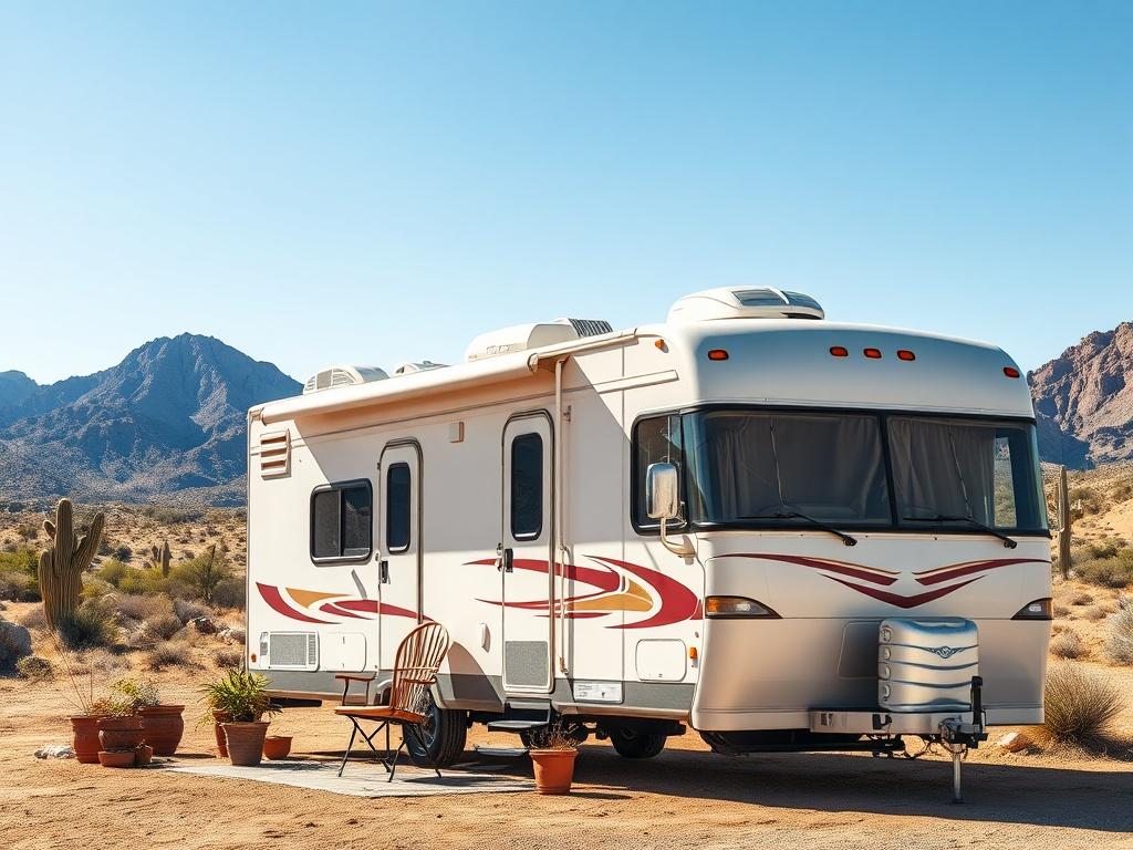 Create a realistic high-resolution photo focused on a single subject: a well-maintained RV parked in a serene desert landscape typical of Apache Junction, AZ. The RV should be positioned prominently in the foreground, capturing details such as its shiny exterior, cozy outdoor seating area, and potted plants nearby, suggesting a welcoming atmosphere. 

In the background, depict the stunning desert scenery characterized by rugged mountains and saguaro cacti under a bright blue sky. The composition should emph
