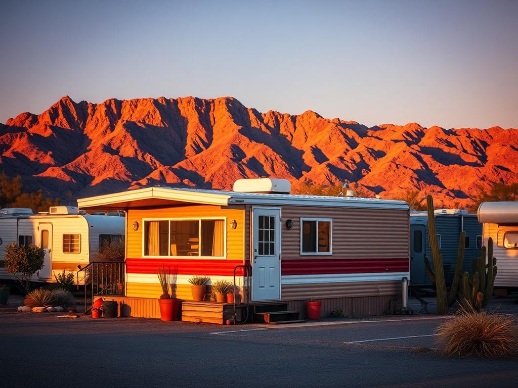Create a highly realistic high-resolution image that captures the essence of living in a trailer park near the Superstition Mountains, reflecting the theme of the blog titled "What Nobody Tells You About Living in a Trailer Park Near the Superstition Mountains."  

**Composition:**  
- Focus on a single, inviting mobile home parked under the golden light of early morning.
- The perspective should be slightly low to emphasize the mobile home in the foreground and create a sense of intimacy.
  
**Subject Matt