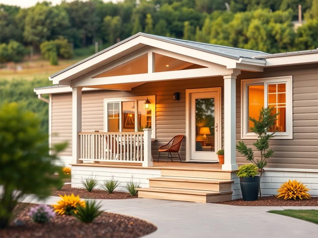 A hyper-realistic close-up shot of a beautifully designed park model home showcasing its modern architecture and inviting front porch. The image should capture the warm, welcoming ambiance of the home, with soft natural lighting illuminating the exterior. The background features a lush, green landscape, emphasizing the home’s integration with nature. The image should be shot with a 45mm f/1.2 lens to create a shallow depth of field, focusing solely on the park model home.