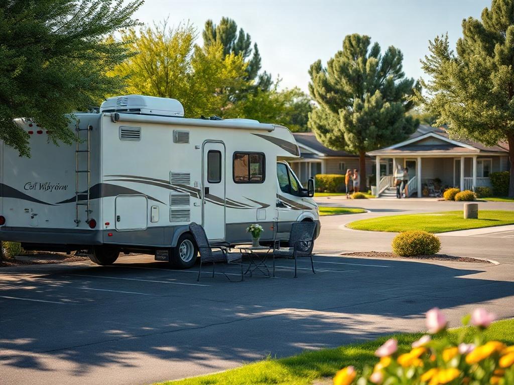 Create a realistic high-resolution photo showcasing a well-designed RV park specifically tailored for long-term stays. The image should feature a spacious RV lot with a well-maintained RV parked on it, emphasizing the comfort and home-like atmosphere. The lot should be adorned with small decorative touches, such as a patio set featuring comfortable chairs and a small table, creating a welcoming space for residents.

In the background, depict a clean, organized section of the RV park that highlights essentia