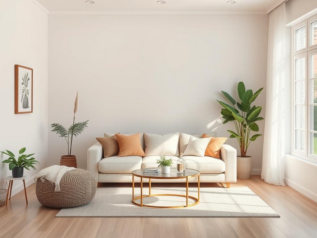 A serene and inviting living room scene, featuring a comfortable
