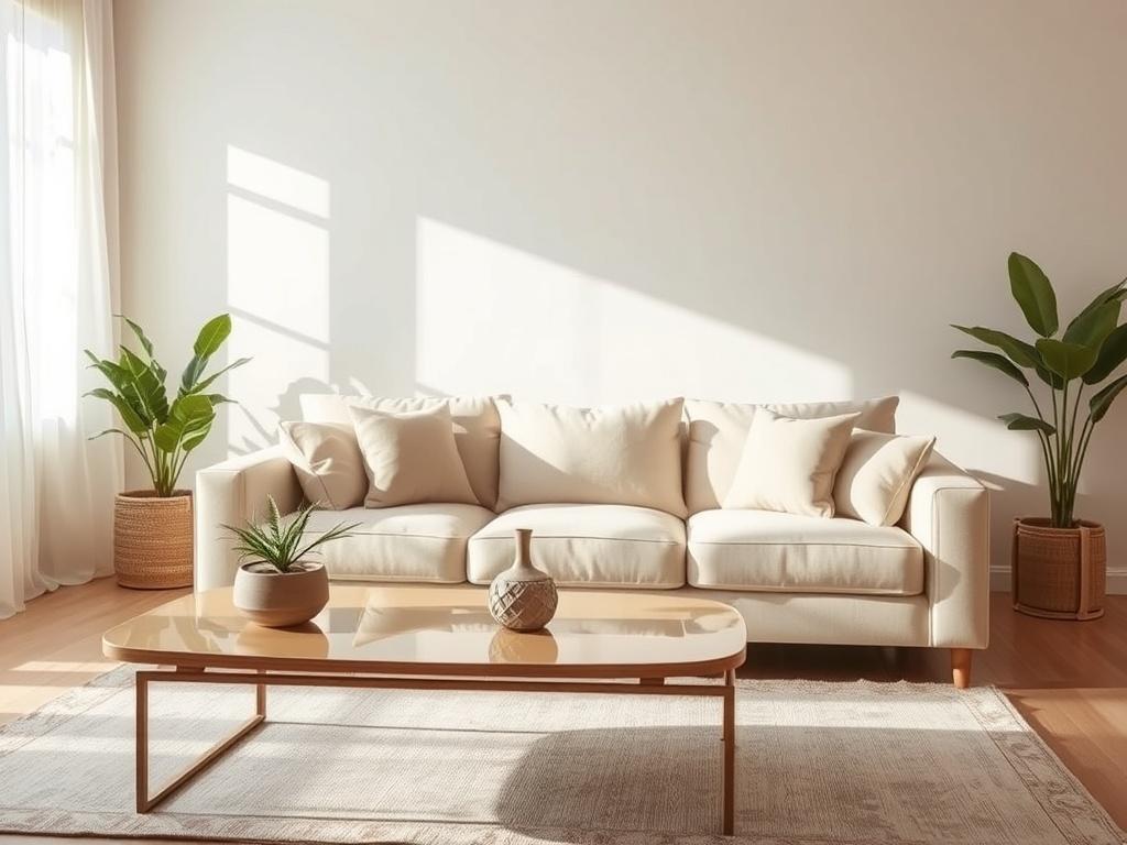 A serene residential living room setting, softly lit with warm