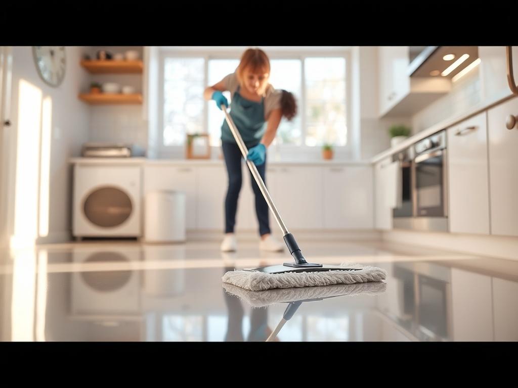 A professional cleaner in action, wearing gloves and using a