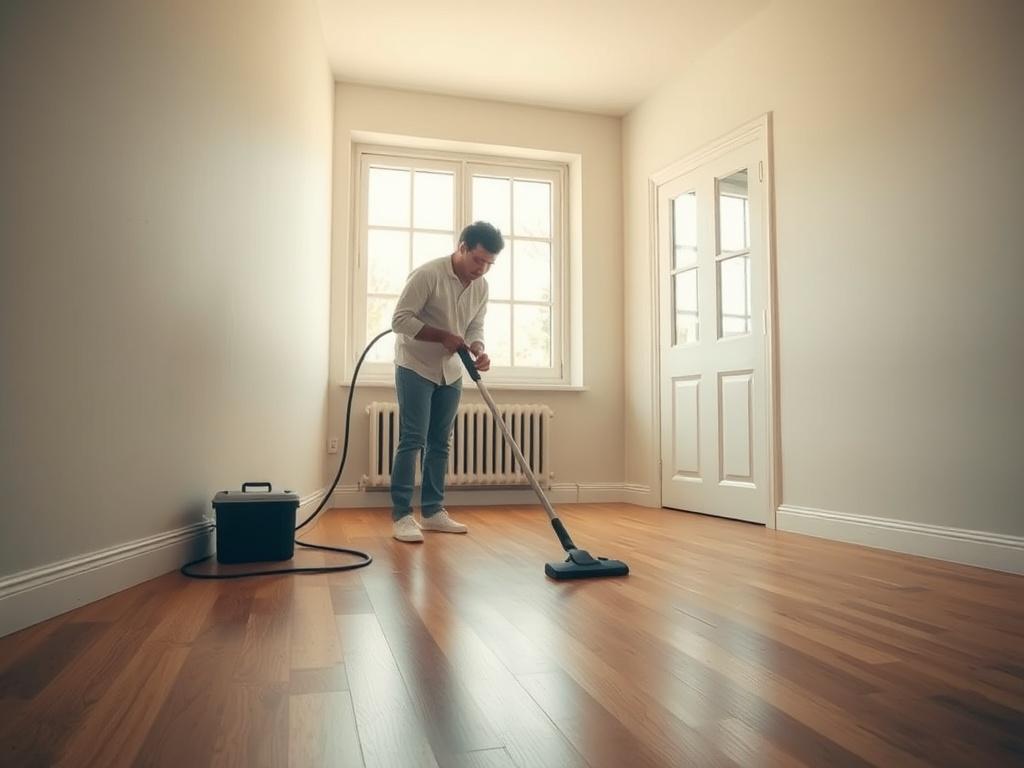 An empty apartment being cleaned, showcasing a cleaner using a