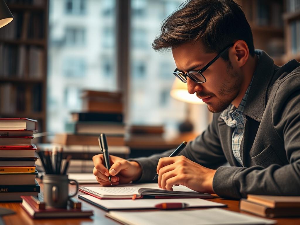A close up shot of a focused writer at a