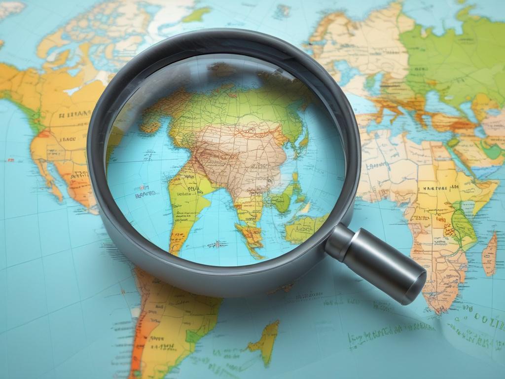 A close-up shot of a magnifying glass focusing on a world map, symbolizing the search for hidden assets globally. The map should be detailed, with various countries highlighted. The background should be blurred to emphasize the magnifying glass and the map, with a soft focus that creates a sense of depth. The color scheme should align with the primary color #CFB07C, creating a warm and inviting atmosphere.