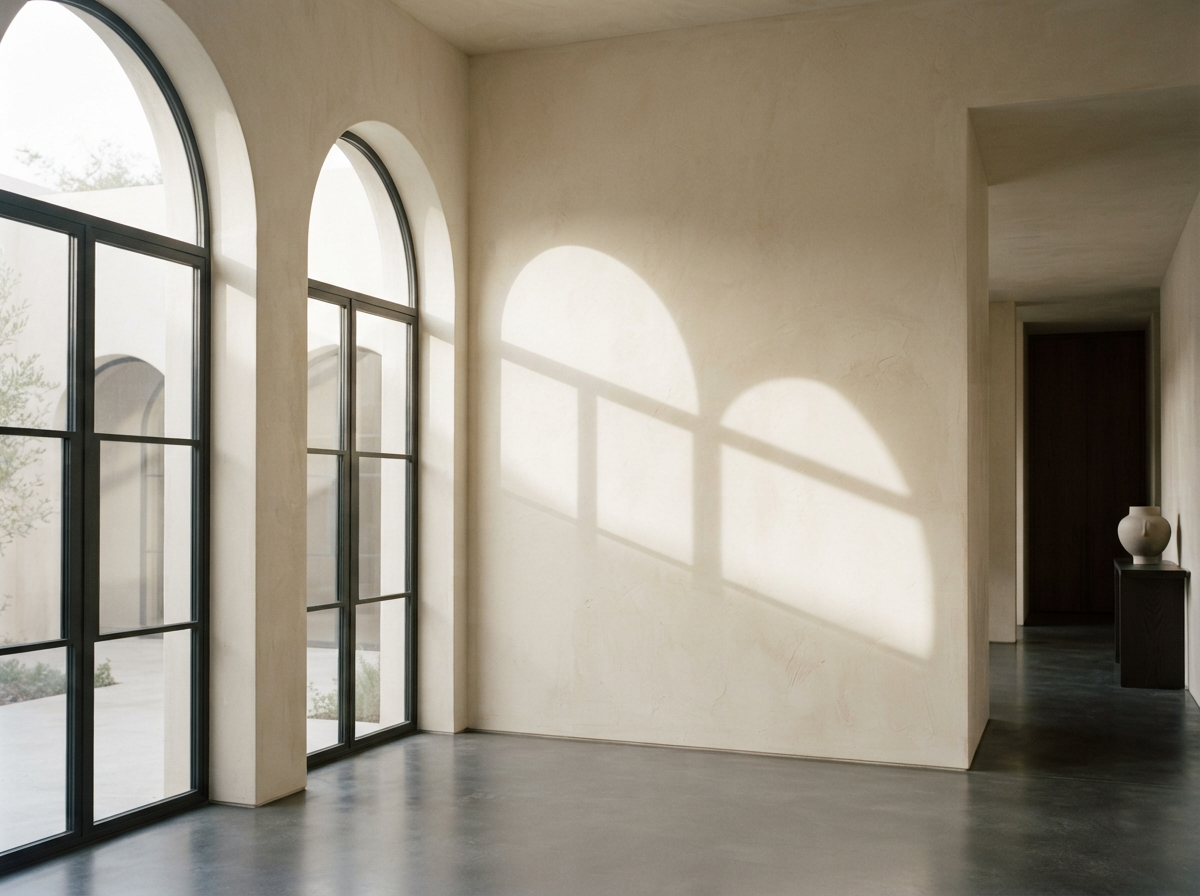 Minimal architectural interior with light and shadow — the seams where growth happens