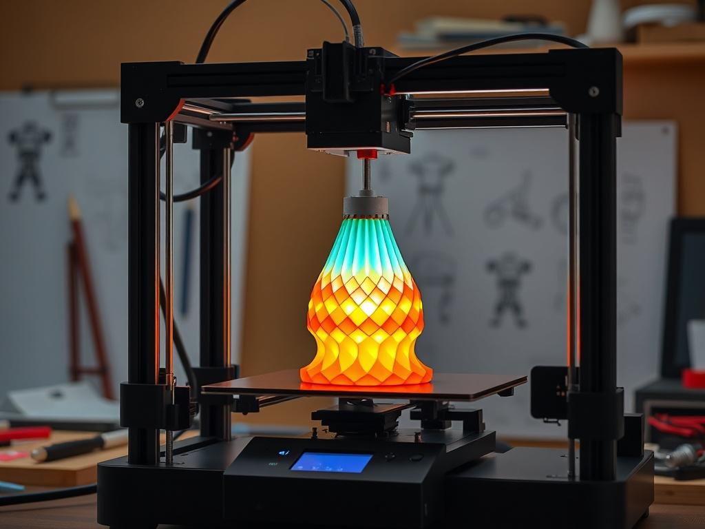 An eye catching 3D printer in action, creating a colorful