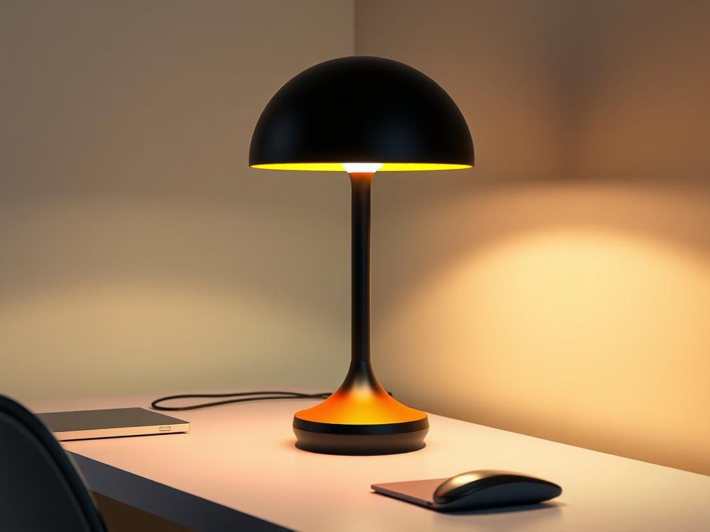 A realistic high-resolution image of a unique 3D-printed lamp designed for a modern office, featuring a clean design with vibrant colors, black, sunny orange, and neon green gradients. The lamp should be placed on a sleek office desk, with a minimalistic background that highlights its playful yet professional character.