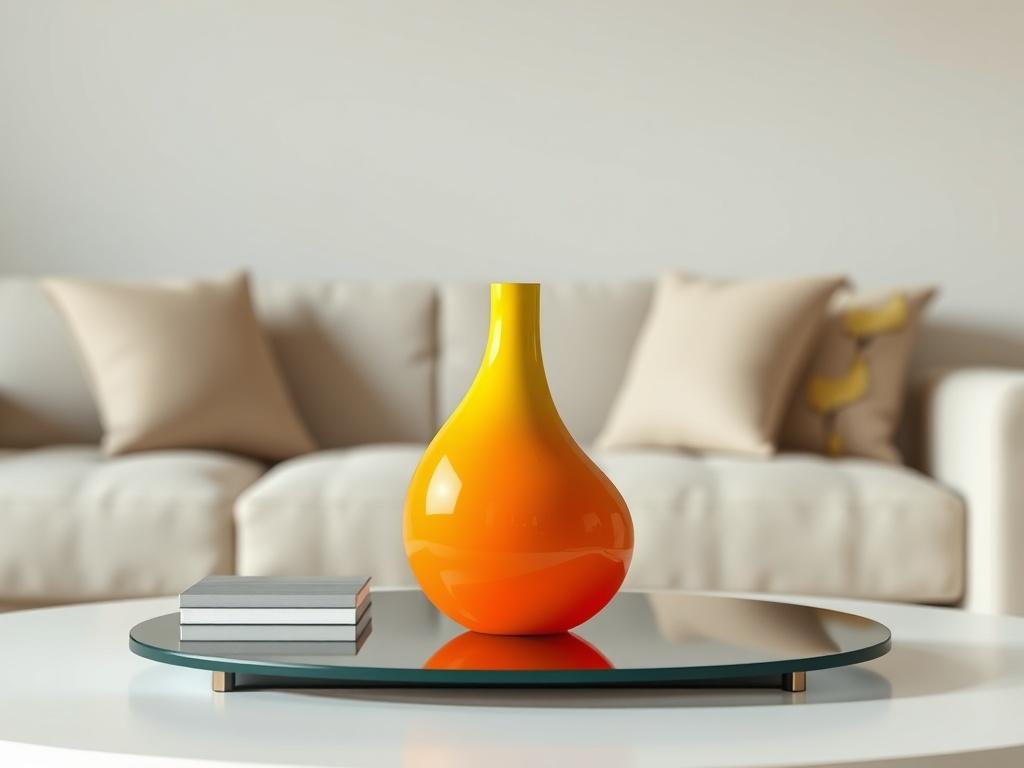 A photorealistic image of a playful 3D-printed vase designed for home décor, showcasing a quirky shape and vibrant colors, primarily featuring sunny orange and Kelley green gradients. The vase is displayed on a stylish coffee table with a soft, neutral-colored backdrop to emphasize its artistic appeal.