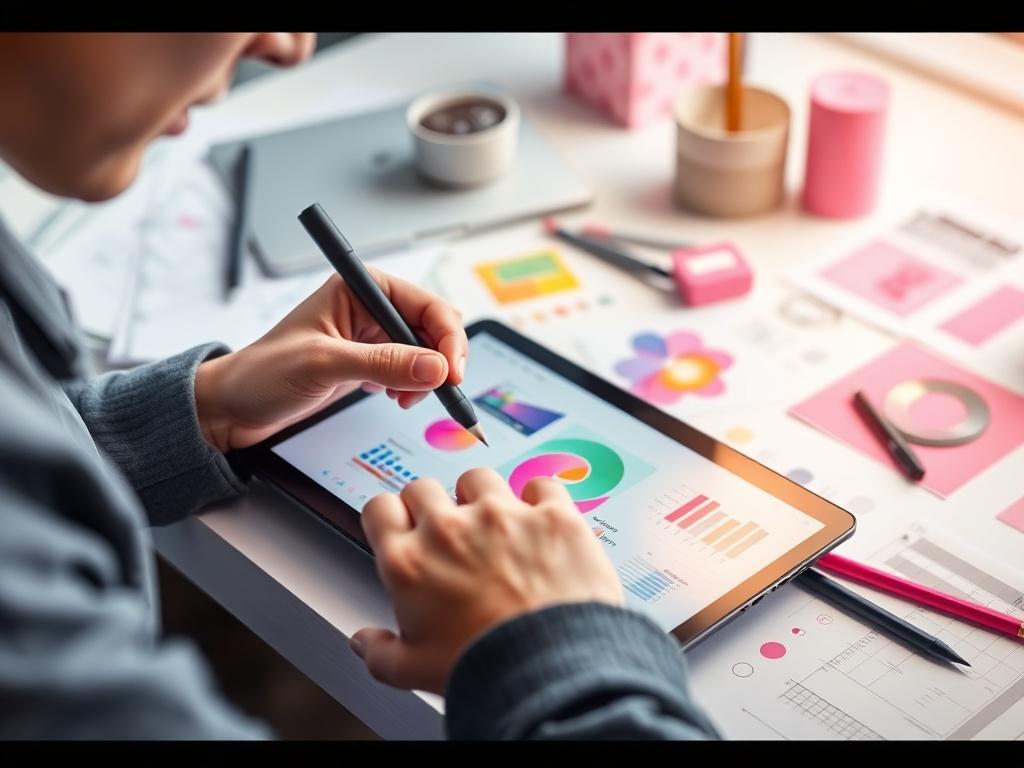 A close-up shot of a designer working on a digital tablet, surrounded by colorful design elements and sketches. The workspace is modern and minimalistic, showcasing tools like graphic pens and a laptop. The background is softly blurred to emphasize the designer's focused expression and the vibrant colors of the designs being created. The color palette includes shades of pink (rgb(242, 76, 128)) to align with the brand's identity.