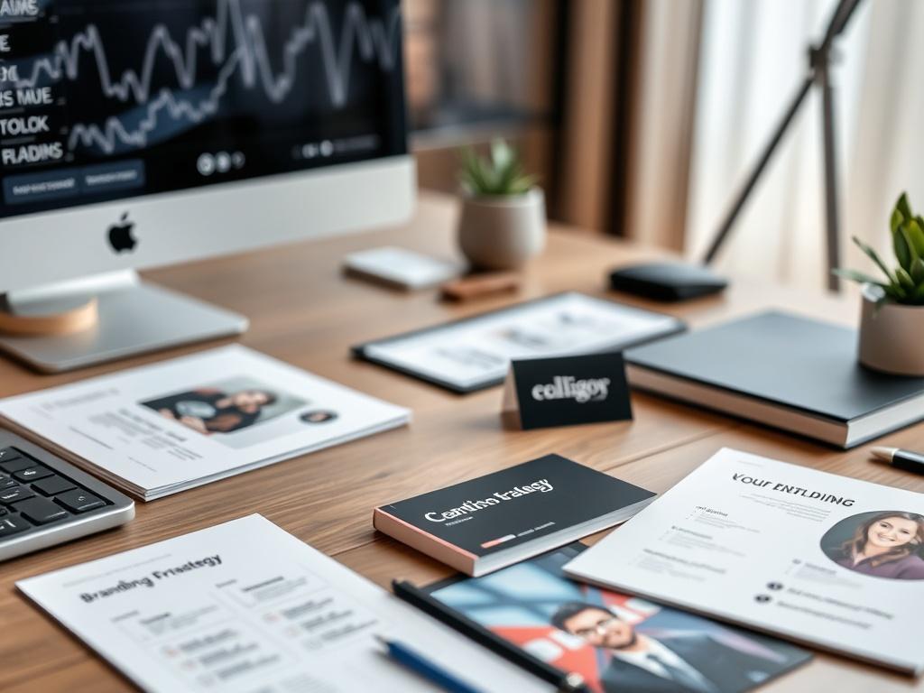 An elegant branding strategy presentation on a modern desk with branding materials like business cards and brochures, showcasing creativity and professionalism.