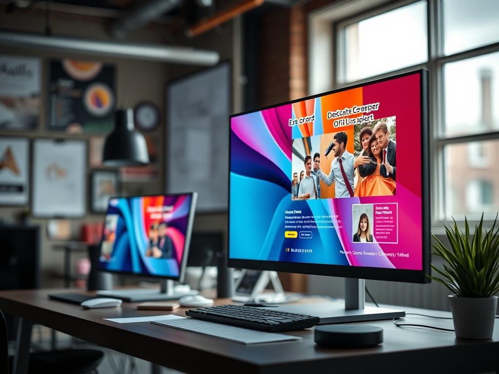 A vibrant advertisement design displayed on a digital screen in a creative workspace, showcasing eye-catching colors and professional layout.