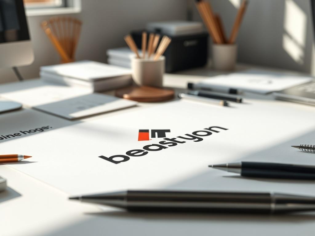 A close-up shot of a logo design on a clean desk with design tools around, natural light illuminating the workspace, capturing a modern and professional atmosphere.