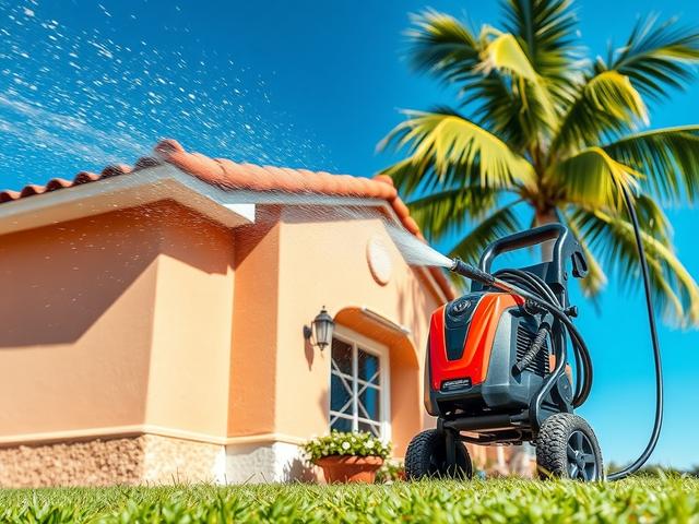 **Prompt for AI Image Generator:**

Create a realistic, high-resolution image of an exterior pressure washing setup, focusing on a single, well-maintained stucco home in a Palm Beach neighborhood. The image should capture the vibrant textures of the stucco, highlighting its smooth surface contrasted against the harsh effects of salt and sun exposure. 

In the foreground, prominently display a high-powered pressure washer, with water droplets caught mid-spray, demonstrating its effectiveness in combating the