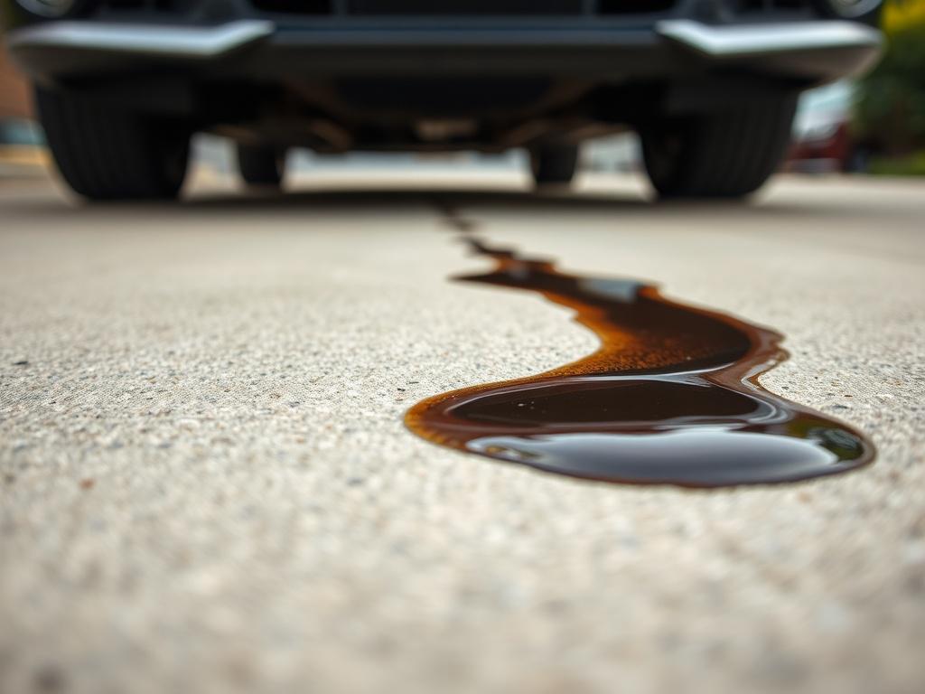 Create a realistic high-resolution image that reflects the impact of oil drips on a driveway and a car's undercarriage. The composition should focus solely on a clean, clear close-up shot of a small puddle of motor oil on a driveway surface, showcasing its glossy, reflective texture. 

In the foreground, capture the oil with a subtle sheen, highlighting its dark, viscous nature. This oil puddle should be starkly contrasted against a light-colored driveway surface, emphasizing the seriousness of the stain. 
