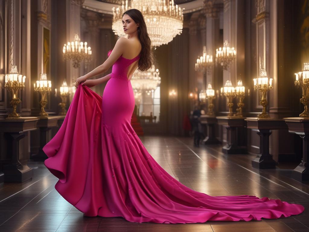 A stunning ramp model in a fashionable evening gown, posing