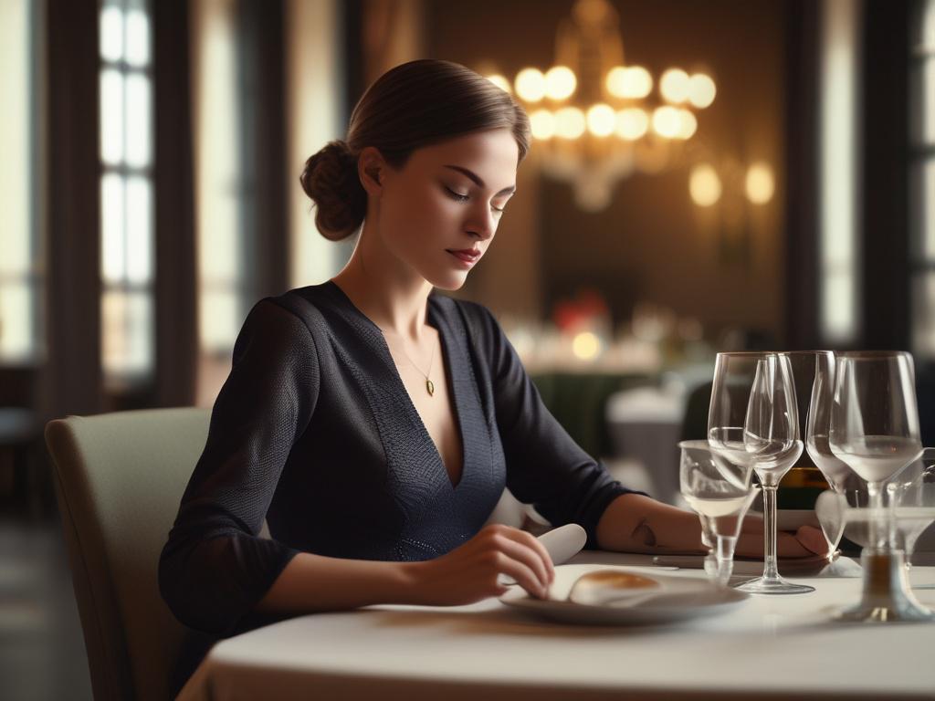 A sophisticated woman elegantly dressed at a beautifully set dinner