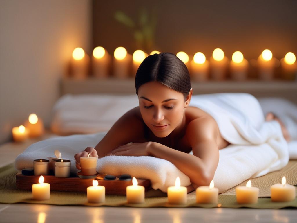 A serene spa setting with soft candles and gentle lighting