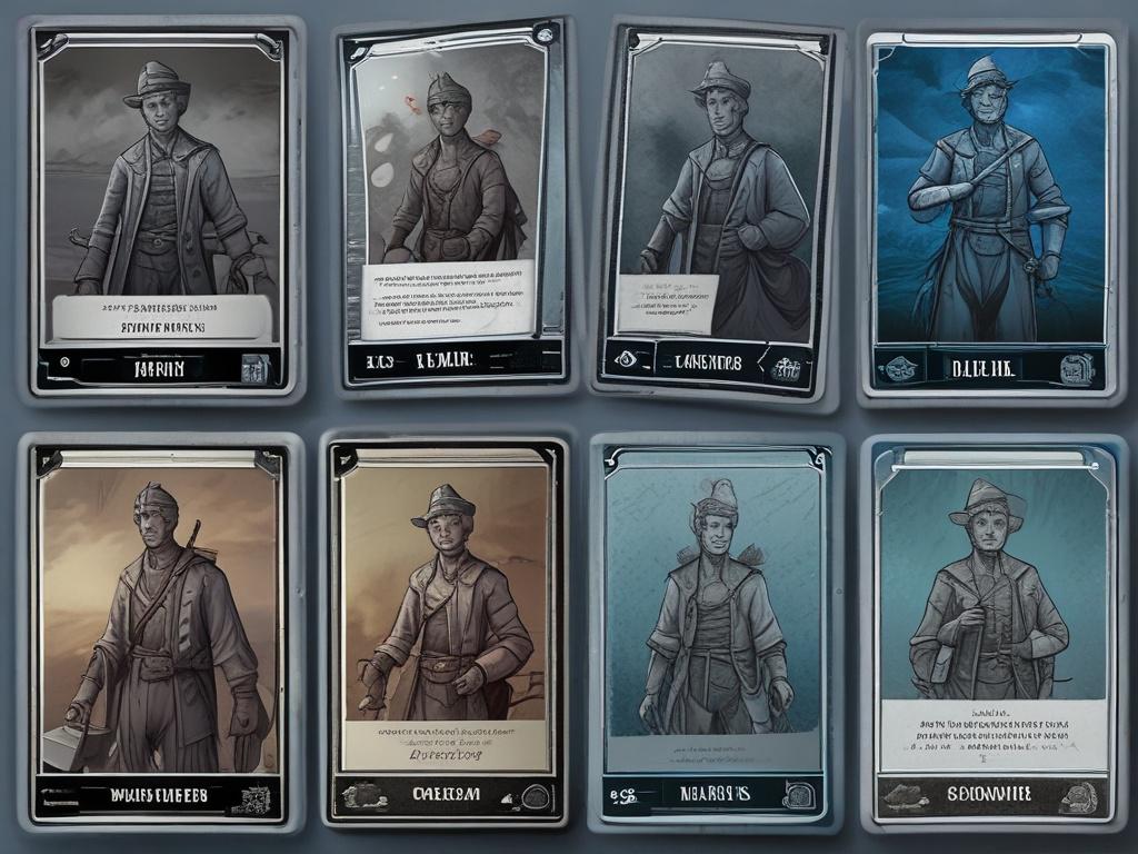 A high-resolution image of collectible trading cards displayed in a sleek, cool-toned setting with rich blues and soft grays. The cards should be the main focus, showcasing intricate designs, with a subtle background that enhances their features.