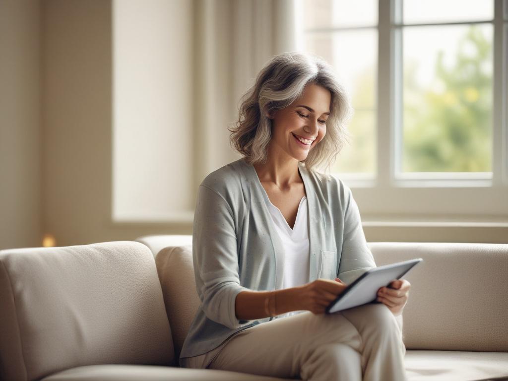 A serene scene depicting a middle aged woman sitting comfortably