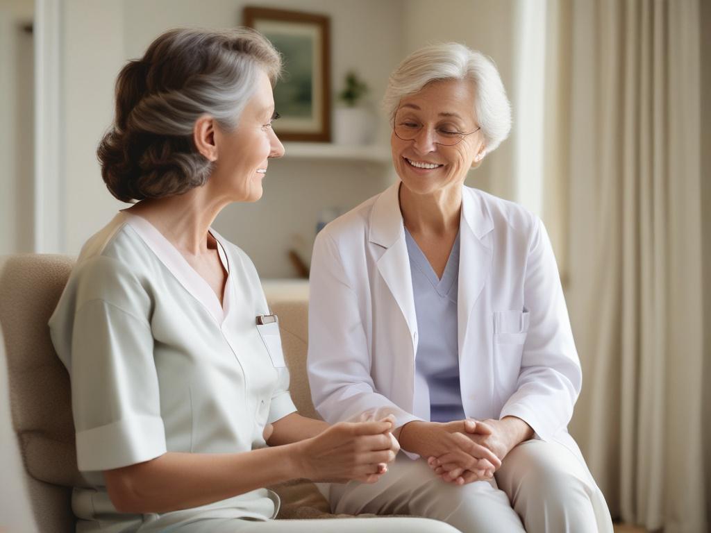 A serene image of a woman in her 50s, sitting