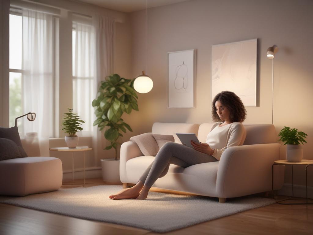A woman in a cozy, softly lit room, sitting comfortably