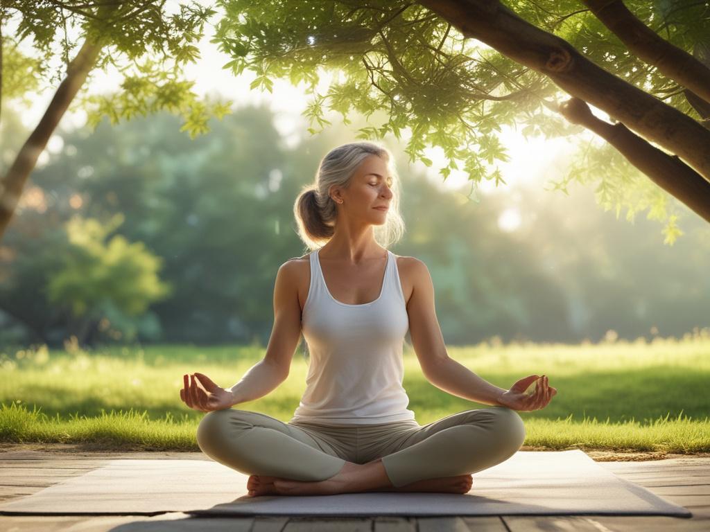 A woman enjoying a peaceful moment outdoors, practicing yoga amidst