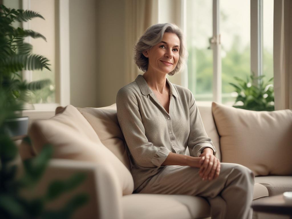 A serene and calm setting featuring a middle aged woman