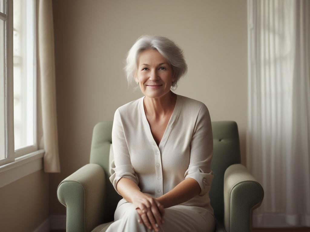 Create a realistic high-resolution image that embodies the essence of a blog titled "Navigating Menopause: A Personalized Journey." The composition should be simple and clear, featuring a single subject: a middle-aged woman with a serene expression, sitting comfortably in a beautifully lit, cozy room. She is casually dressed in light, soft fabrics that reflect a calm and peaceful atmosphere. The woman is engaged in a personal moment, perhaps journaling or reflecting with a cup of herbal tea in hand, symboli