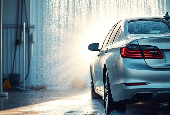 Car being washed with foam and water