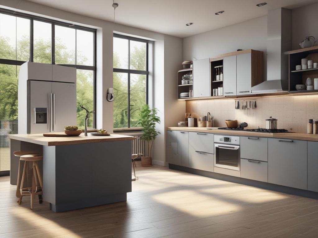 A modern kitchen interior showcasing sleek cabinetry and state of