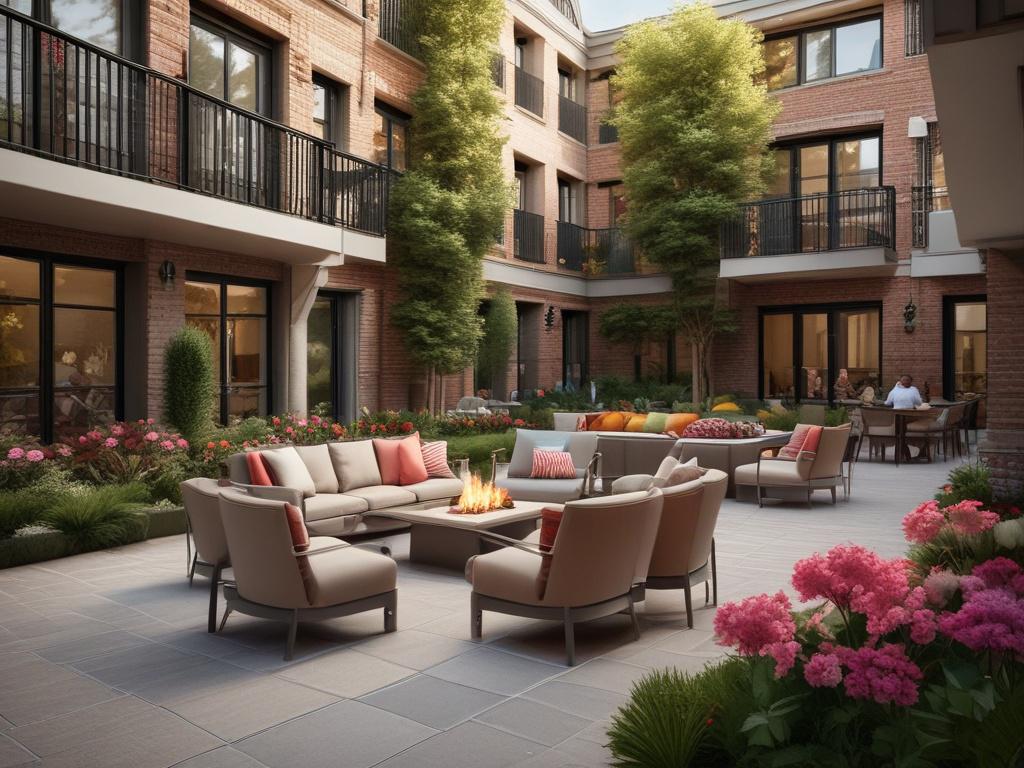 A beautifully landscaped courtyard featuring comfortable seating arrangements and vibrant