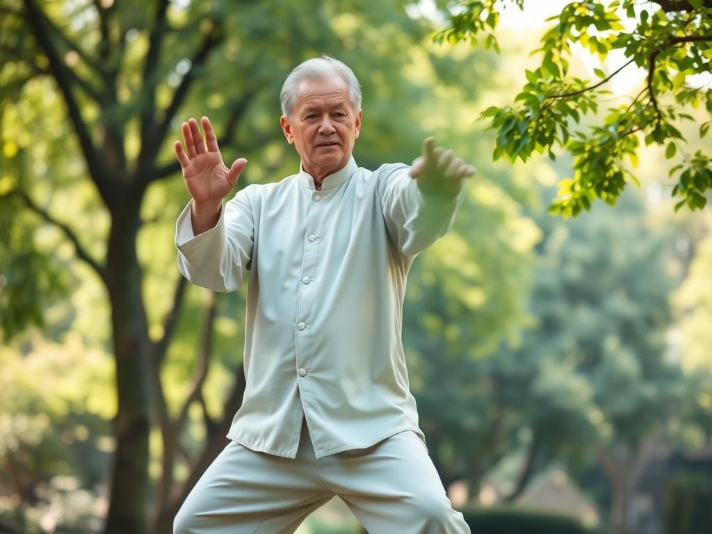 A serene and inviting scene featuring a mature individual practicing