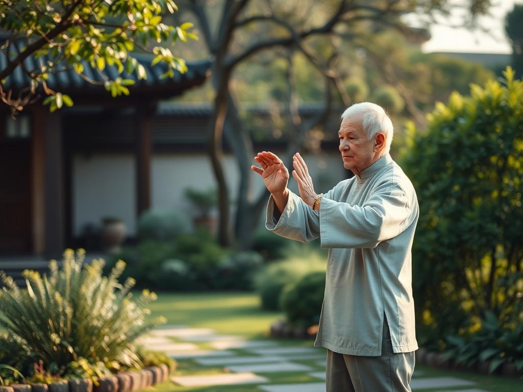 A calm setting with an elderly individual practicing tai chi