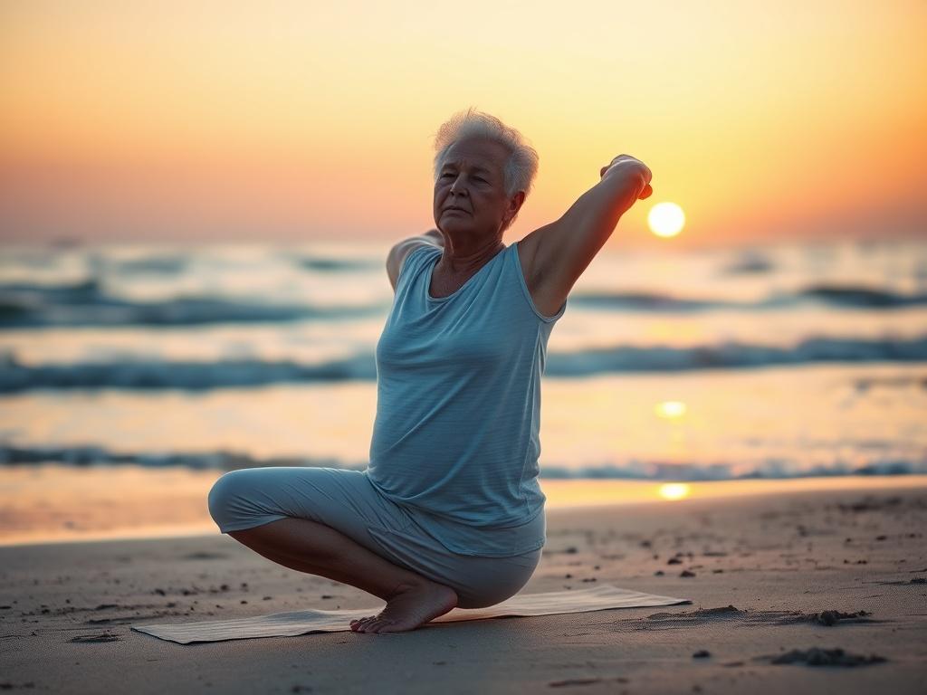 A senior individual performing a yoga pose on a tranquil