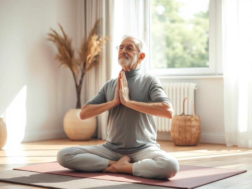An older adult peacefully practicing yoga in a sunlit room,