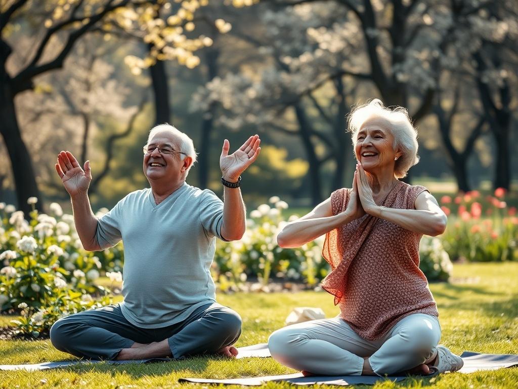 An elderly couple engaging in yoga together in a sunlit