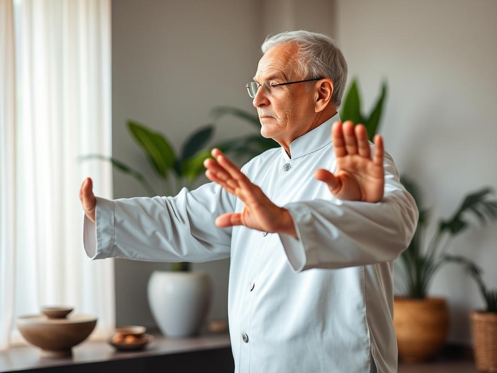A serene indoor setting with soft lighting, showcasing an older