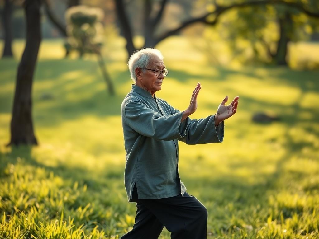 A serene, high resolution image of an older adult practicing