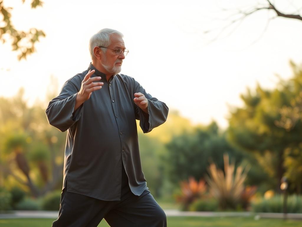 A serene setting with an individual over 50 engaging in